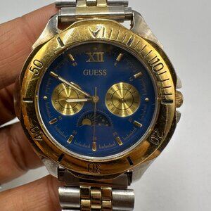 Vintage Guess Moon Phase Watch Men Silver Gold Two-Tone Blue Dial New Battery
